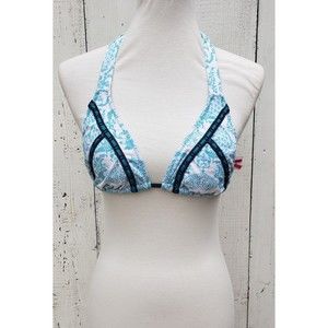 Betsy Johnson Blue White Halter Adjustable Bottom Swim Bikini Top Sz M NEW